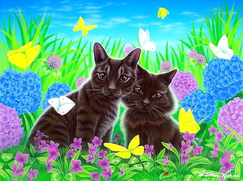 Family Time, black cats, beloved valentines, attractions in dreams, cats, paintings, spring, butterflies, love four seasons, family, animals, butterfly designs, flowers, cherry blossoms HD wallpaper