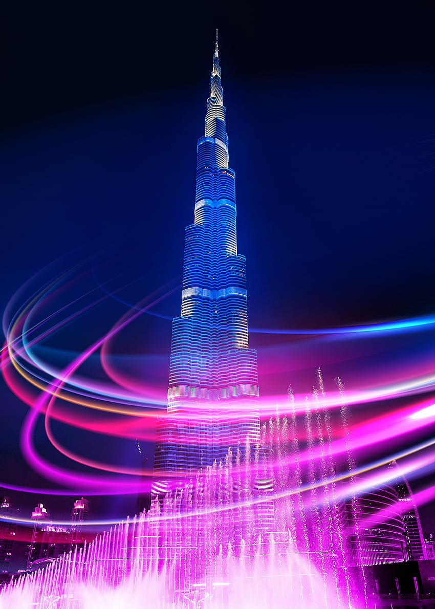 Neon city: Dubai, aesthetic, electric blue, visual effect lighting, cyberpunk, night, synthwave, skyscraper, skyline, Burj Khalifa, trace, urban, night city, cityscape, rays, landscape, motion blur, architecture, tower, traffic HD phone wallpaper