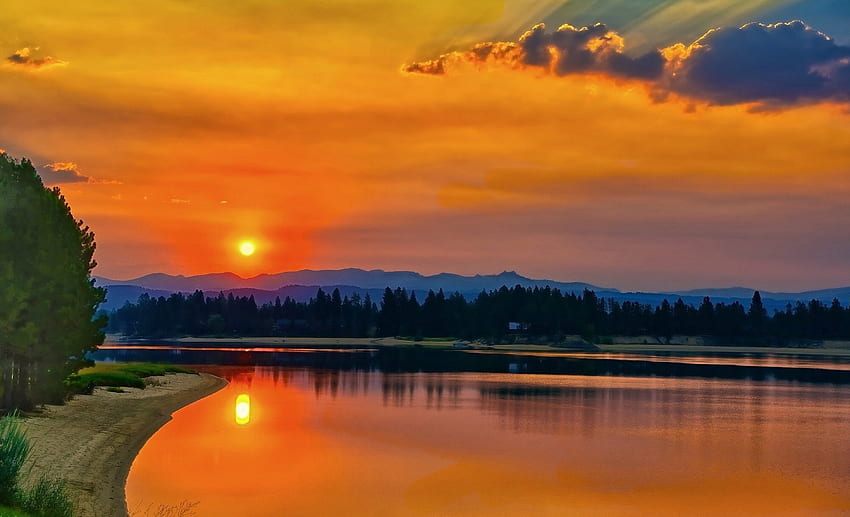 River at Sunset, Nature, Sunset, River, Mountain HD wallpaper