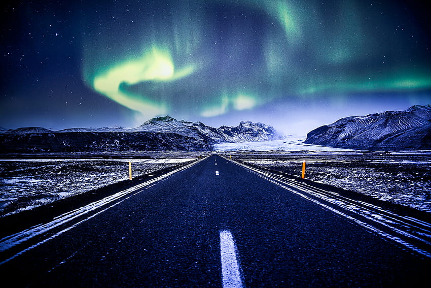Alam, Pegunungan, Salju, Jalan, Markup, Cahaya Utara, Aurora Borealis, Aurora Wallpaper HD