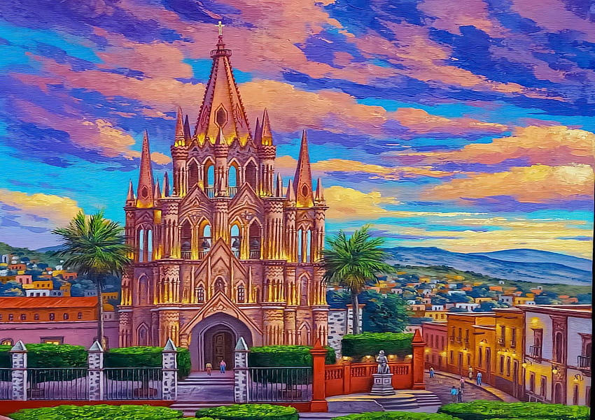 「ラ パロキア」、サン ミゲル アジェンデ、アートワーク、絵画、都市、雲、建物、空、メキシコ 高画質の壁紙
