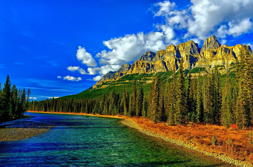 การไหลของแม่น้ำ แม่น้ำ แคนาดา ภูมิทัศน์ อัลเบอร์ตา แม่น้ำโค้ง ต้นไม้ ปราสาทภูเขา ภูเขา วอลล์เปเปอร์ HD