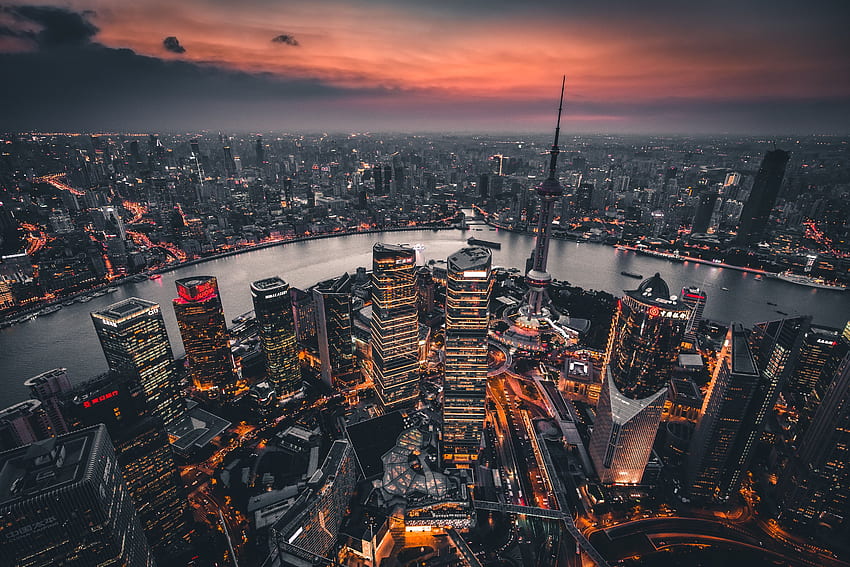 Città, Vista dall'alto, Città notturna, Luci della città, Panoramica, Rassegna, Cina, Shanghai Sfondo HD