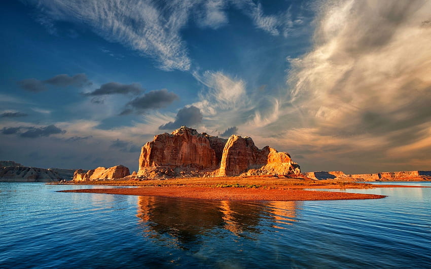 Lake Powell Sundown Utah Reservoir Arizona Rocks Sky Clouds HD wallpaper