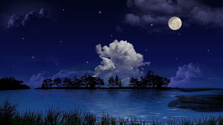 Penglihatan Malam, damai, indah, pemandangan, bintang, gelap, tenang, danau, bulan, awan, pohon, air, cahaya bulan Wallpaper HD