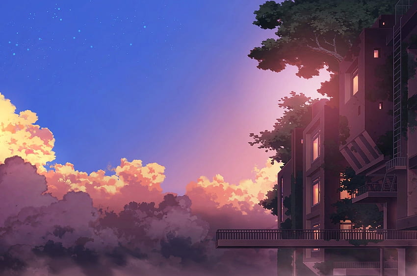 Anime Landscape, Building, Sunset, Clouds, Scenic for Chromebook Pixel HD wallpaper