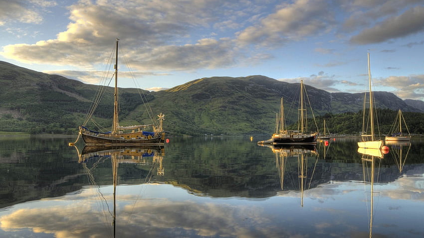 fantastic old sailboats on a still lake, sailboats, mountains, calm, lake, reflections HD wallpaper