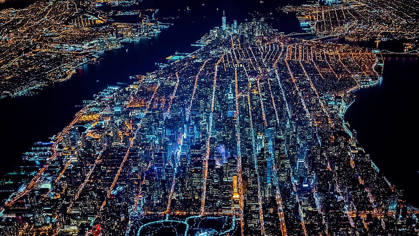 ไฟถนนในเมือง แมนฮัตตัน เมืองนิวยอร์ก มุมมองนกอินทรีกลางคืน / และพื้นหลังมือถือ วอลล์เปเปอร์ HD