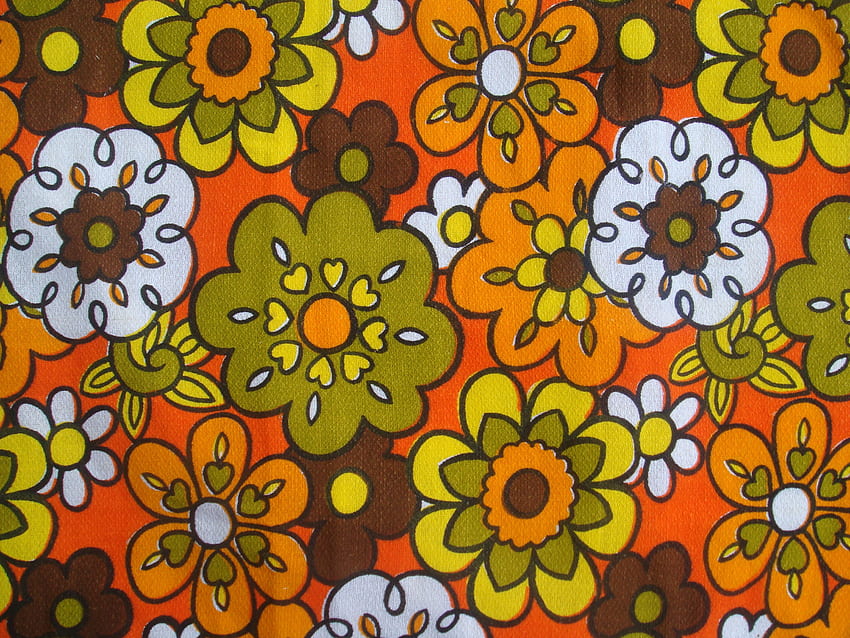 Orange Floral Vintage 60s Handmade Cushion Cover Black - Orange Retro Flower Fabric - -, 60s Style HD wallpaper