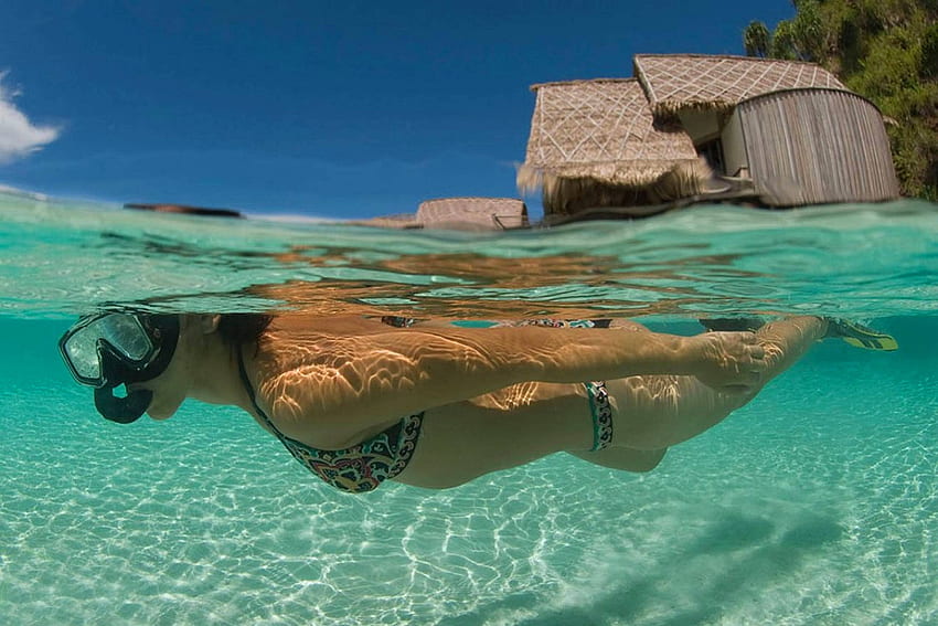 Snorkelling Bora Bora, blue, sand, dive, tropical, tahiti, beach, underwater, water, ocean, sea, bungalow, pacific, snorkelling, exotic, paradise, aqua, villa, south, lagoon, clear, diving, bora bora, polynesia HD wallpaper