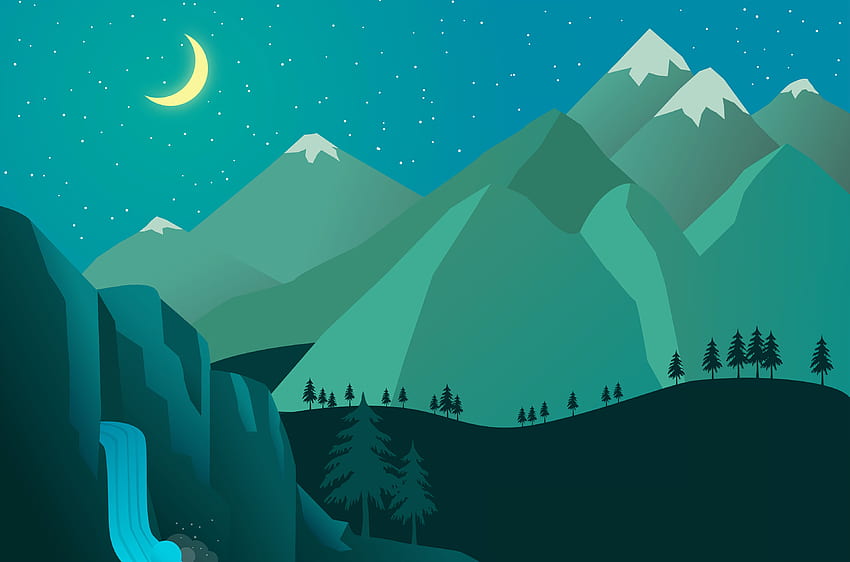 Kunst, Berge, Nacht, Mond, Vektor, Wasserfall HD-Hintergrundbild