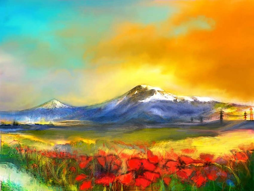 Colorful Valley, winter, awesome, grasslands, spring, nice, snow, mountains, white, sunsets, other, mount, grass, , fantasy, collages, green, valley, blue, colorful, painting, abstract, amazing, sunrises, beautiful, seasons, orange, gray, red, field, yellow, cool, paint, clouds, sky, flowers HD wallpaper