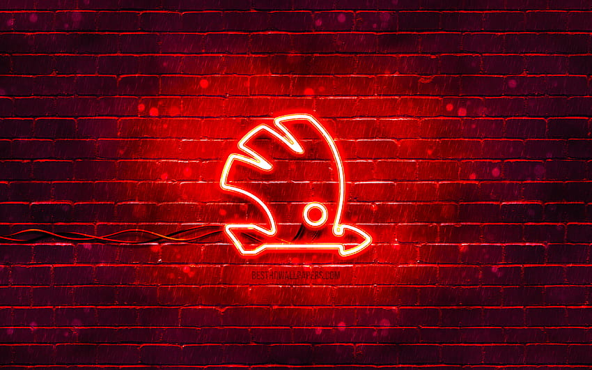 Skoda logo rosso, muro di mattoni rossi, logo Skoda, marche automobilistiche, logo neon Skoda, Skoda Sfondo HD