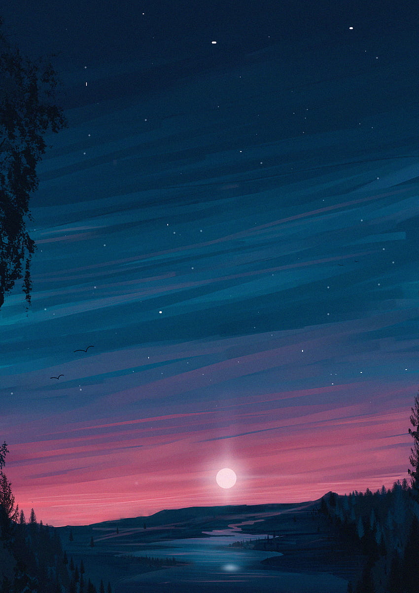 Art, Landscape, Rivers, Night, Moon HD phone wallpaper