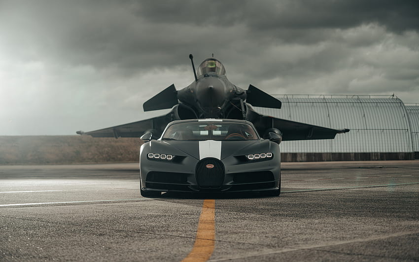 Dassault Rafale, Chasseur Français, Bugatti Chiron Sport, Fighter vs Voiture, Hypercar, Supercars, Chiron Gris, Bugatti Fond d'écran HD