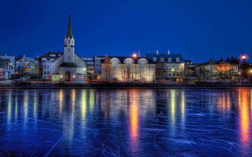 Städte, r, Teich, gefroren, Island HD-Hintergrundbild
