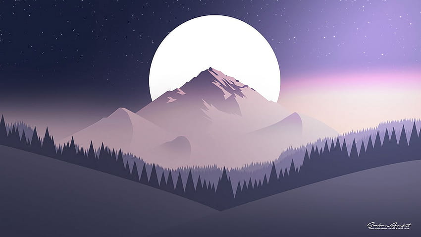 mountains, moon, forest, night, starry sky, vector, flat 16:9 background, 1600 X 900 Mountain HD wallpaper