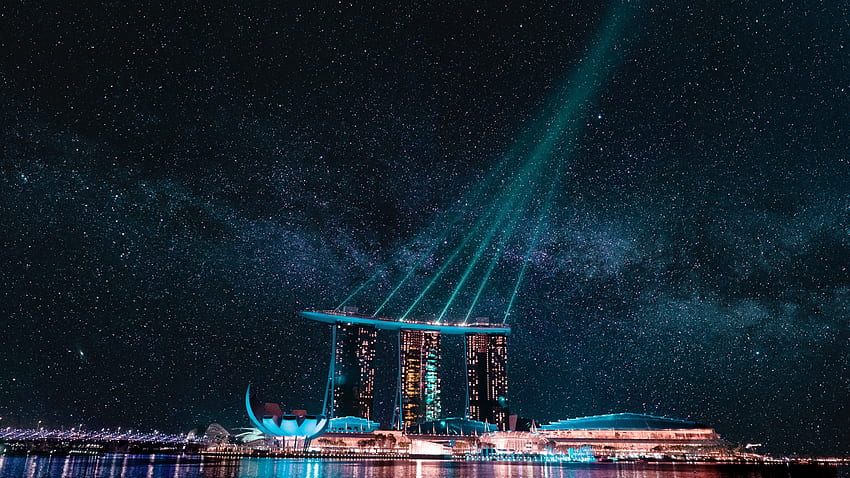 マリーナベイ、シンガポール、都市、夜 高画質の壁紙