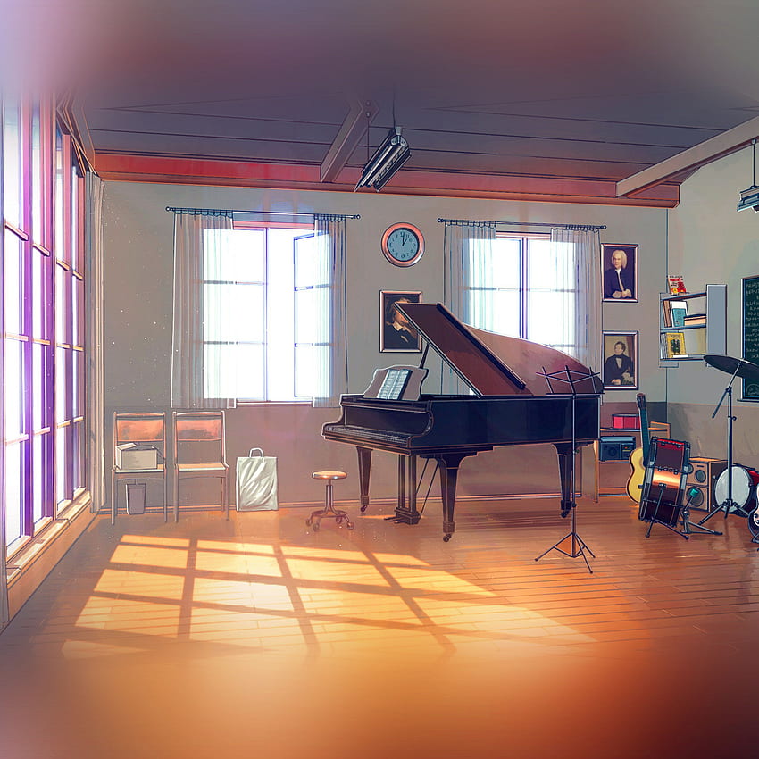 Arseniy Chebynkin ミュージック ルーム ピアノ イラスト アート ブルー、アニメ ピアノ HD電話の壁紙