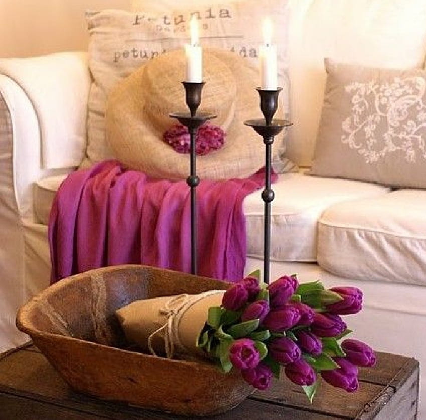 For the Special Day, architecture, special day, tulips bouquet, candles, interior HD wallpaper