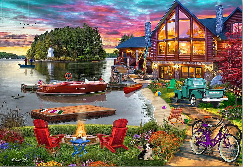 Lake House, dog, car, lake, chairs, artwork, digital, bicycles, boats, clouds, campfire, cottage, sky HD wallpaper