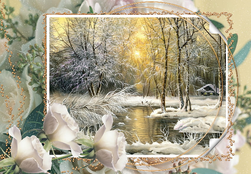 Zimowe odcienie, pastel, zima, biel, odcienie, róże, śnieg, drzewa, natura, spokój, zachód słońca, strumień Tapeta HD