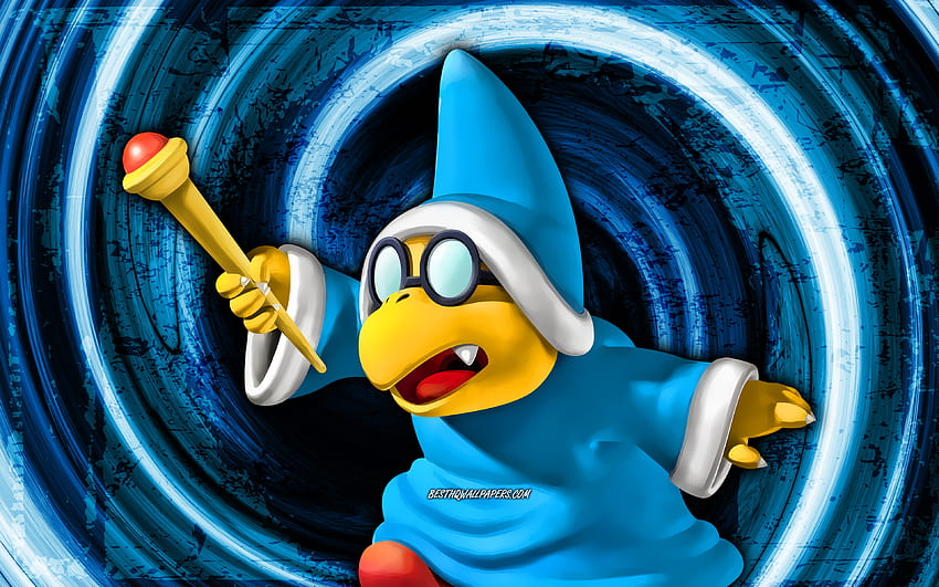 Kamek, blauer Grunge-Hintergrund, Strudel, Super Mario, Cartoon-Zauberer, Super Mario-Figuren, Super Mario Bros, Kamek Super Mario HD-Hintergrundbild