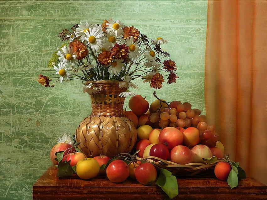 Bountiful, table, grapes, vase, beautiful, fruits, pears, curtain, basket, apples, daisy, flowers HD wallpaper