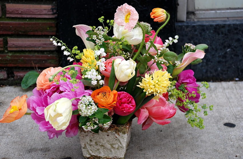 Blumen, Tulpen, Pfingstrosen, Maiglöckchen, Blumenstrauß, Ranunkeln, Ranunkulus, Vielfalt, Vielfalt, Teebaum HD-Hintergrundbild