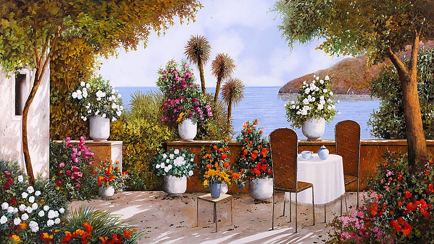 คาเฟ่ที่ทะเลสาบโคโม เก้าอี้ โต๊ะ วาด ต้นไม้ ดอกไม้ ระเบียง วอลล์เปเปอร์ HD