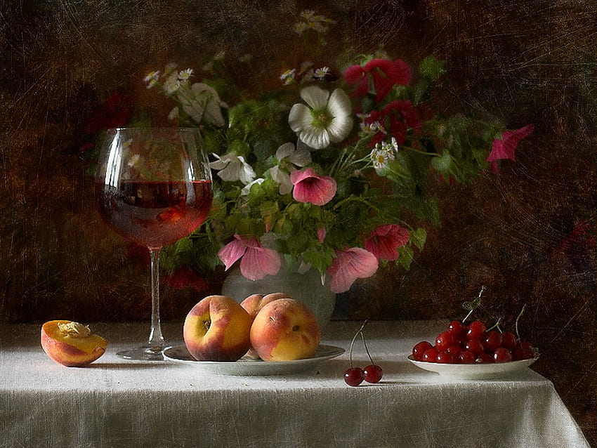 still life, bouquet, peach, graphy, nice, flower, glass, fruit, , elegantly, vase, beautiful, old, cherry, cool, flowers, wine, harmony, drink HD wallpaper