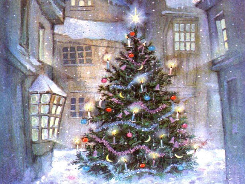 町の広場のクリスマス, 町の広場, 絵, 雪, クリスマス, クリスマスツリー 高画質の壁紙