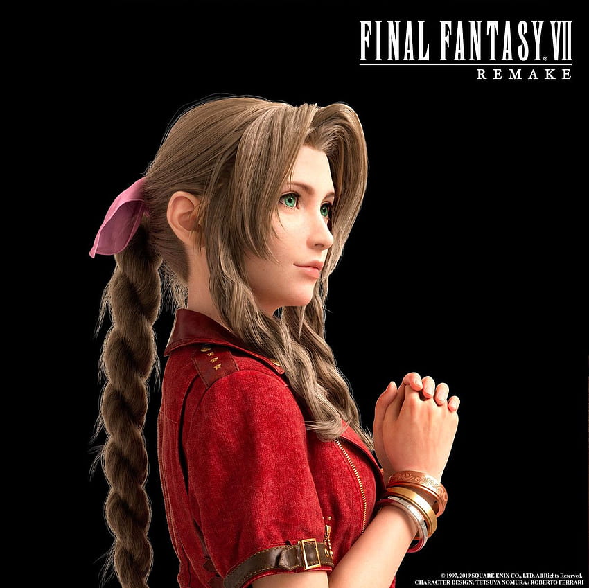 Поглед отблизо към ултрареалистичния многоъгълник на героите на Final Fantasy 7 Remake, Aerith Gainsborough HD тапет