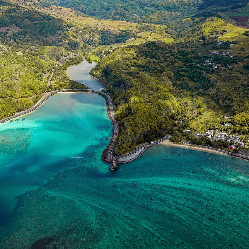 island, aerial view, ocean, Mauritius HD phone wallpaper