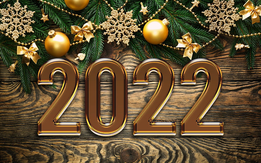 2022 황금 3D 숫자, 크리스마스 장식, 새해 복 많이 받으세요 2022, 나무 배경, 황금 크리스마스 공, 2022 개념, 2022 새해, 2022 나무 배경, 2022년 숫자 HD 월페이퍼