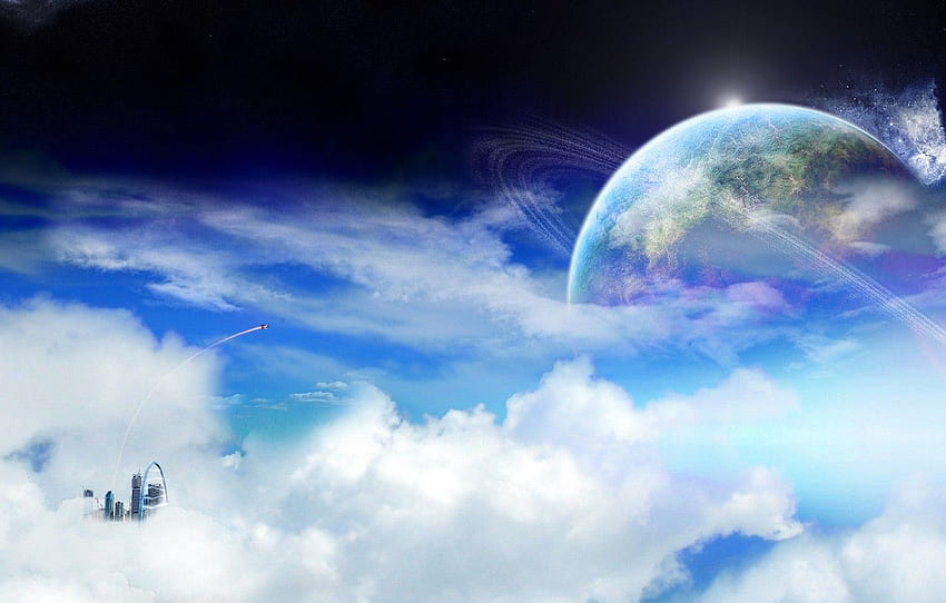 The Sky, Space, City, Future, Fiction, Planet, Ring, Rocket, Sky, Clouds, Sci Fi, Planet, Fantasy World, Cloud City, Dreamland For , Section космос papel de parede HD