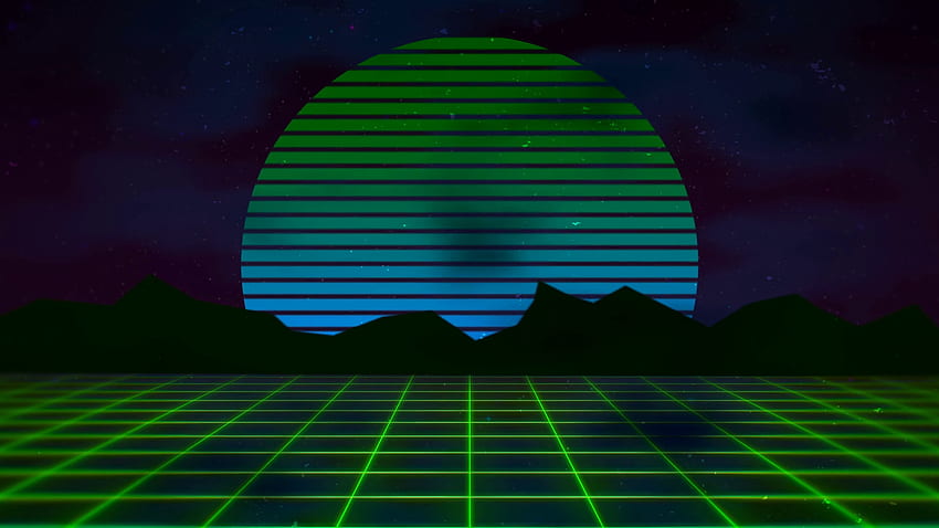 Ретро абстрактен фон с движение, зелена решетка и планина. Елегантен и луксозен динамичен шаблон в стил 80-те, 90-те, движещ се фон, ретро футуристичен от 80-те HD тапет