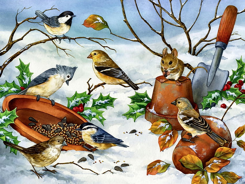 Snow Gathering F1, chickadee, hewan, burung penyanyi, nuthatch, burung, seni, cantik, burung, karya seni, layar lebar, burung pipit, margasatwa, lukisan, mouse, titmouse, goldfinch Wallpaper HD