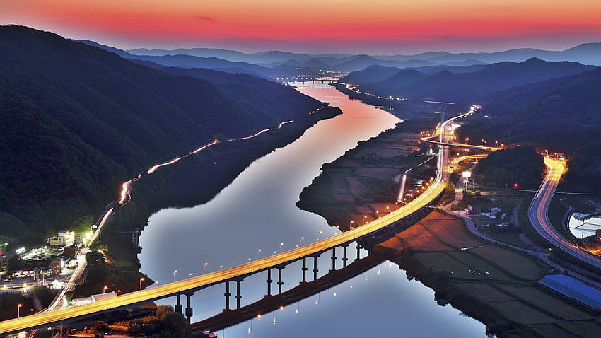 korea bridge river mountain hills road HD wallpaper