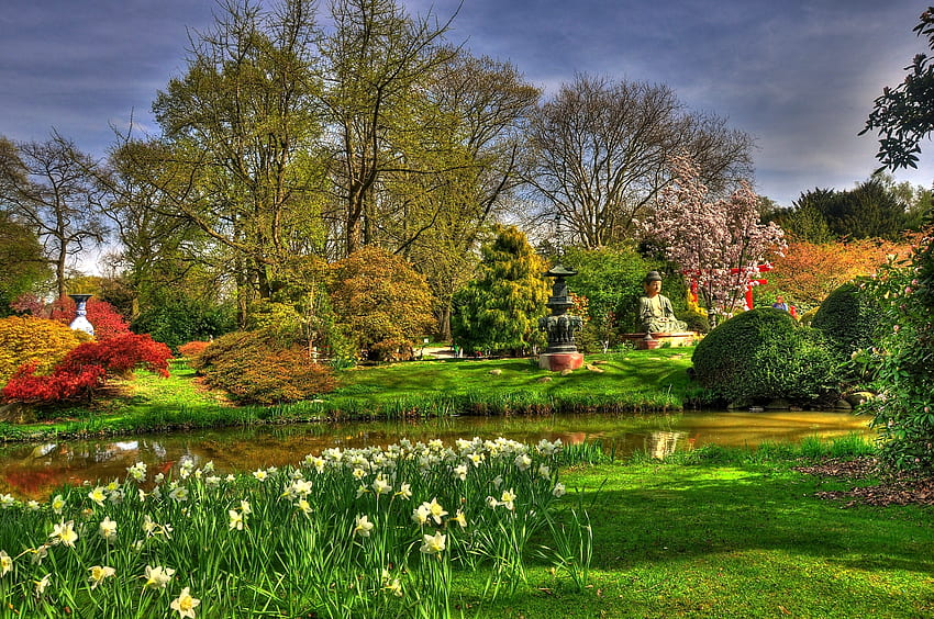 Nature, Flowers, Narcissussi, Buddha, Garden, Pond, Statues HD wallpaper