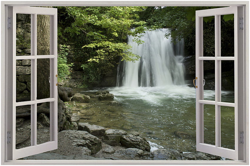 3D-Fenster-Wasserfall-Ansicht-Wandaufkleber-Film-Wand HD-Hintergrundbild