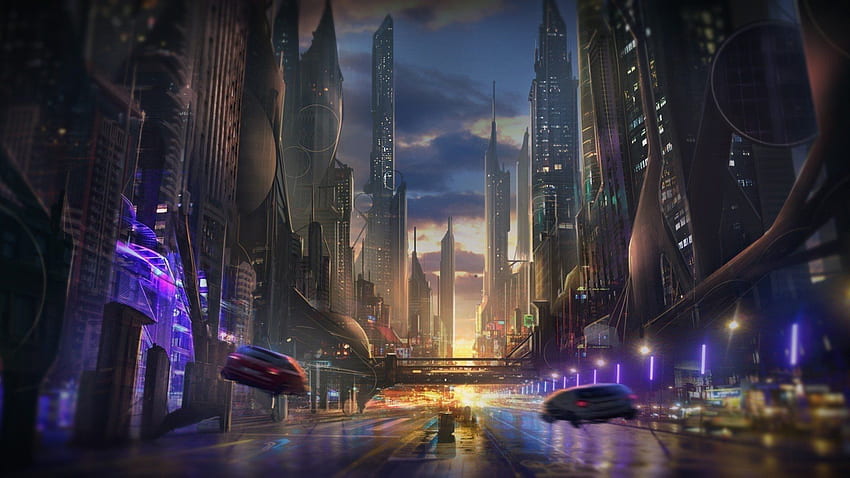 Futuristic City Street at Night . Background HD wallpaper
