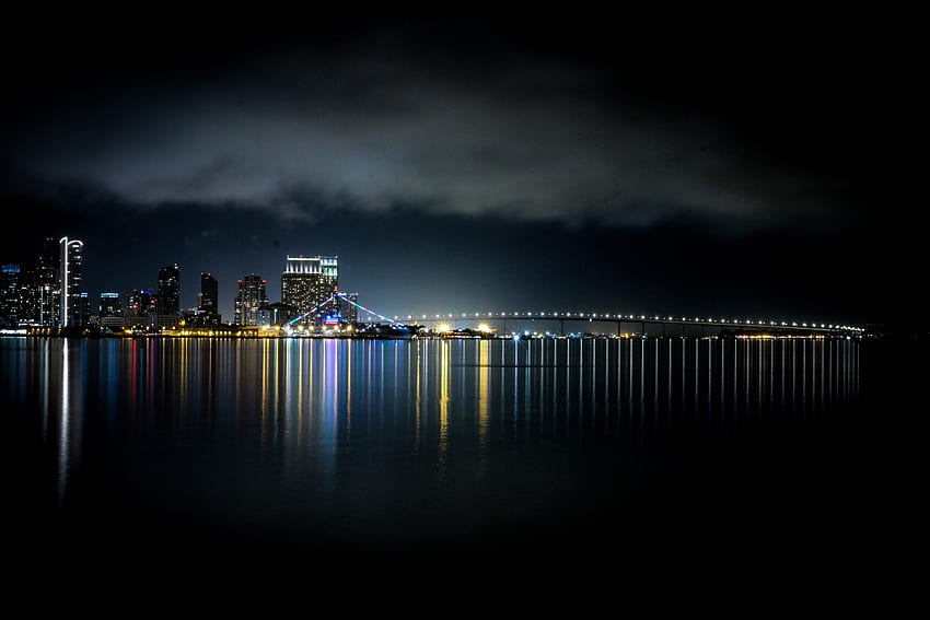 Night, waterfront, bridge, lights HD wallpaper