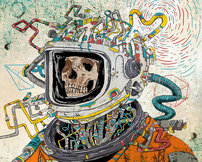 skull, space suit, art, astronaut, surreal standard 5:4 background, Surreal Astronaut Space HD wallpaper