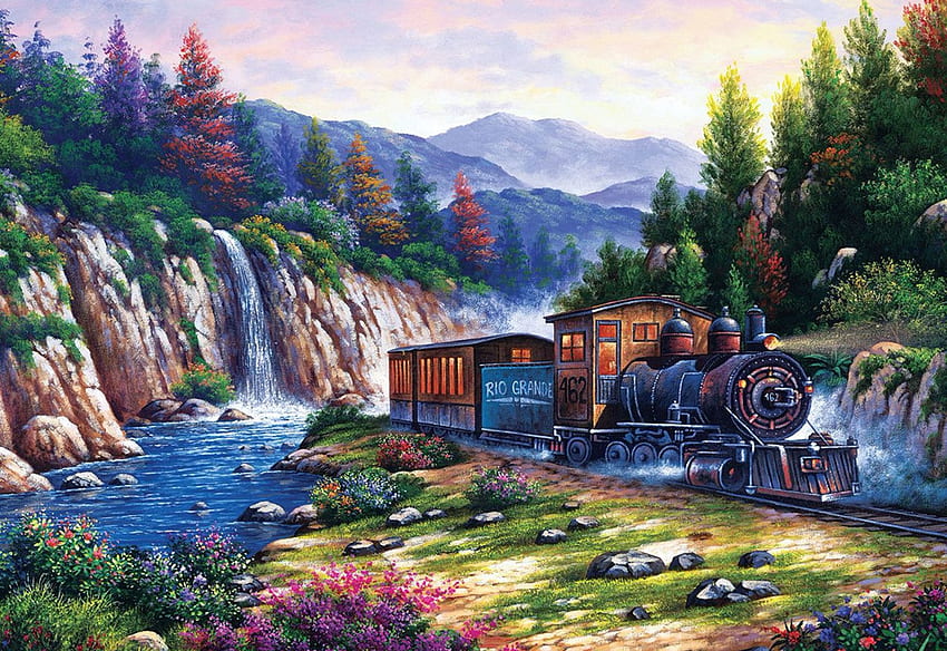 Voyager en train, œuvres d'art, rivière, peinture, paysage, arbres, locomotive, vapeur, rochers Fond d'écran HD