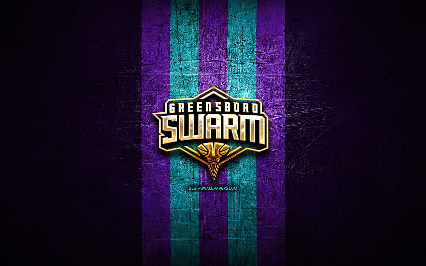 Greensboro Swarm, złote logo, NBA G League, fioletowe metalowe tło, amerykańska drużyna koszykówki, logo Greensboro Swarm, koszykówka, USA Tapeta HD