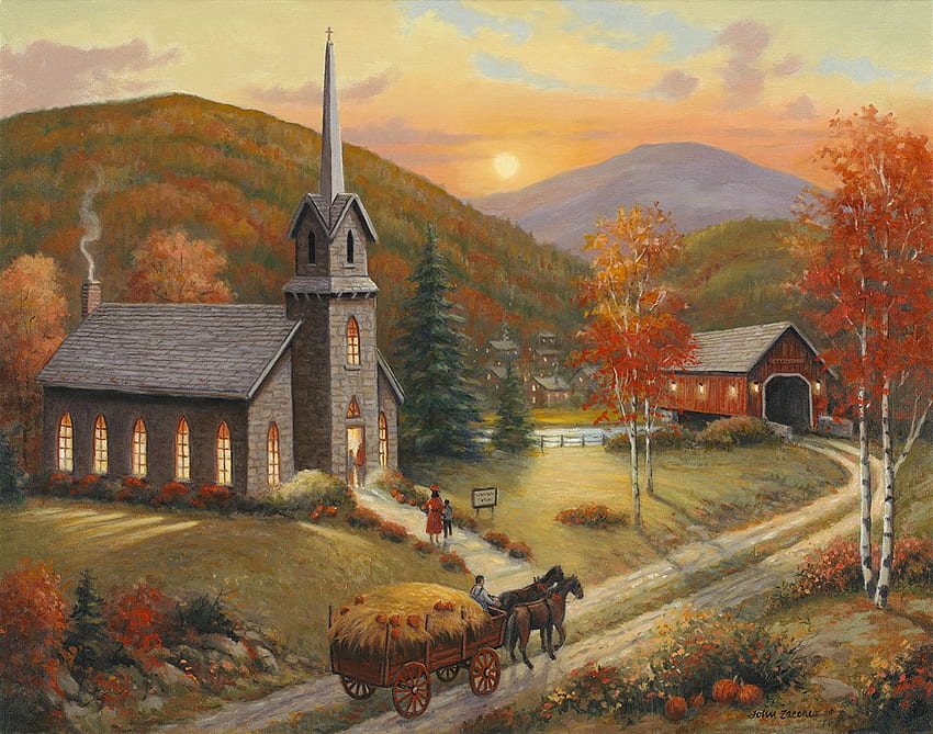 Automne dans le Vermont, cheval, collines, chemin, automne, couleurs, église, oeuvre d'art, peinture, pont couvert, charrette Fond d'écran HD
