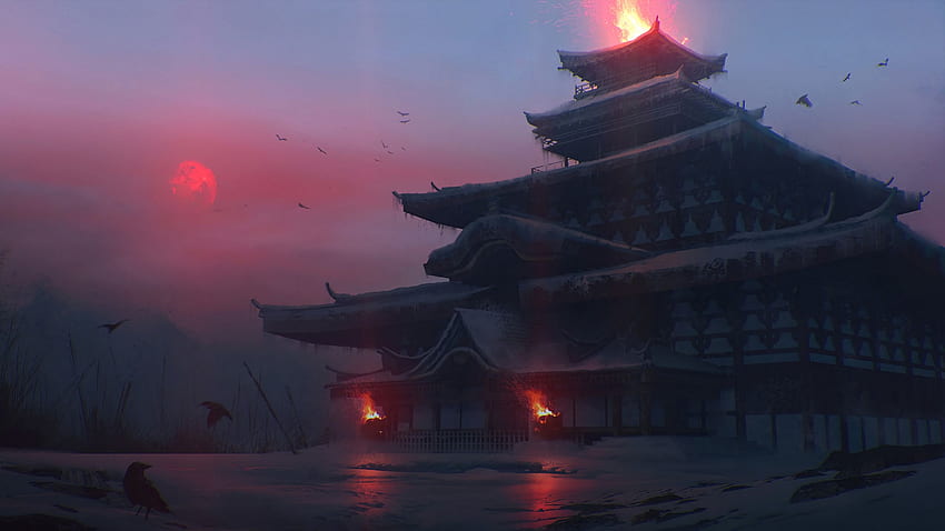 пагода, храм, замък, японски храм, фантазия, изкуство 16:9 фон, 2560X1440 японски HD тапет