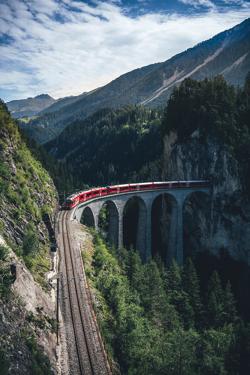 Treno, natura, montagne, vista dall'alto, ponte, ferrovia Sfondo del telefono HD