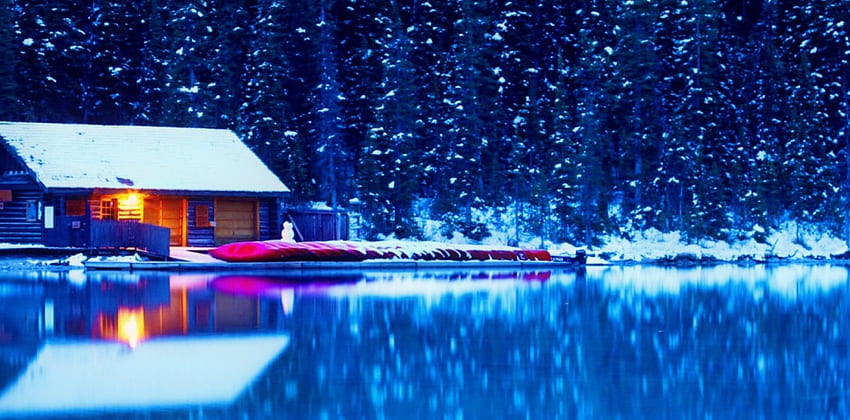 겨울 오두막, 겨울, 호숫가, 집, 아름다운, 호수, 오두막, 반사, 눈, 조명, 나무, 별장, 숲 HD 월페이퍼
